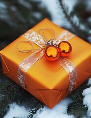 Elegant Christmas Gift Wrapped with Orange Ribbon for Festive Holiday Celebrations