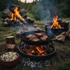 The warm glow of the campfire matches the taste of grilled meat