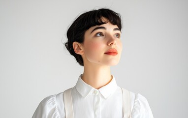 Young woman poses thoughtfully against a neutral background showcasing contemporary fashion and soft features