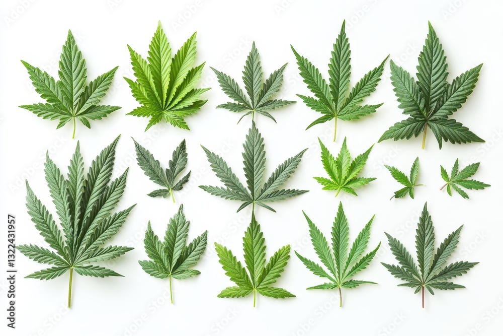 Poster various types of green leaves arranged artistically on a white background showcasing diverse shapes 