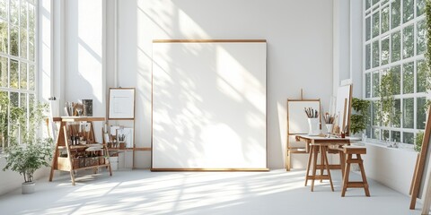 An artist studio filled with natural light and art supplies is shown
