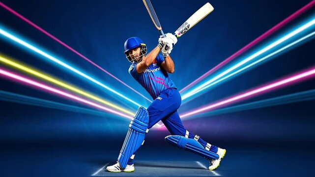 cricket player in blue uniform hitting ball with glowing stadium background representing sports and competition  