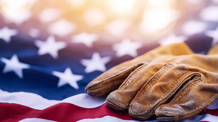 Labor Day Tribute with Weathered Gloves and American Flag