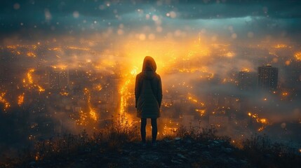 Fototapeta premium A solitary figure gazes over a glowing cityscape at dusk, with mist and lights creating a surreal atmosphere