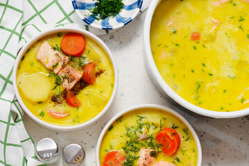 Traditional creamy Finnish salmon soup lohikeitto.top view.