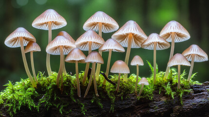Fototapeta premium The image shows a group of small mushrooms sitting on top of a moss covered log in a forest setting. The background is slightly blurred