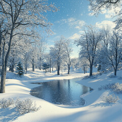 The image shows a winter landscape with a small pond in the middle of a snowy forest. The trees are covered in a blanket of snow