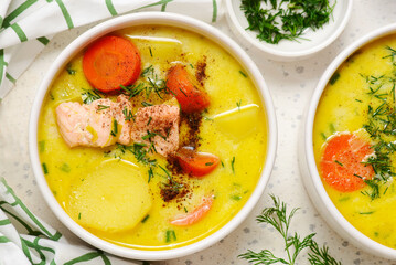 Traditional creamy Finnish salmon soup lohikeitto.top view.