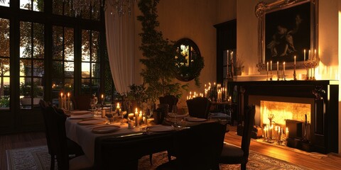 A candlelit dining room set for a romantic evening dinner