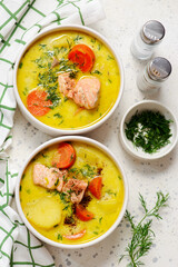 Traditional creamy Finnish salmon soup lohikeitto.top view.