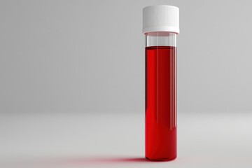 A tube contains a vibrant red liquid, positioned on a pristine white surface, ready for laboratory analysis and research activities
