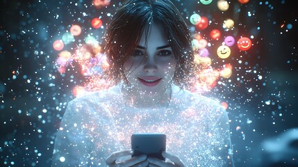Woman using phone, glowing emojis, digital art