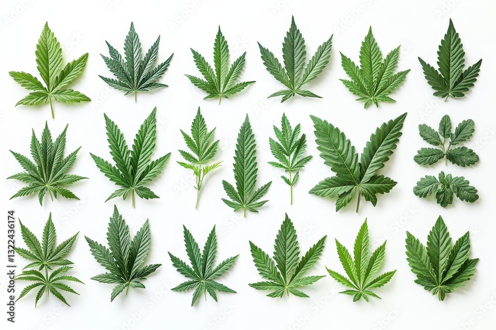 Poster various types of green leaves arranged artistically on a white background showcasing diverse shapes 