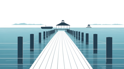 Calm waterscape Pier leading to gazebo on tranquil sea