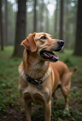 In a tranquil forest, a lively dog stands proudly amidst lush greenery and tall trees. The gentle mist envelops the surroundings, enhancing the dog's playful expression as it enjoys nature's beauty AI
