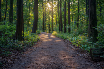 Fototapeta premium Sunlight Piercing Through Dense Forest Trees Illuminating a Leaf Covered Path Creating a Golden Hour Glow in a Peaceful Woodland Scene
