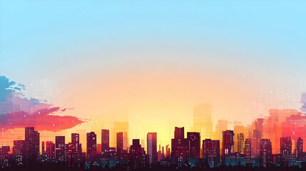 Pixel Art Cityscape At Sunset With Orange And Blue Gradient Sky And Illuminated Buildings