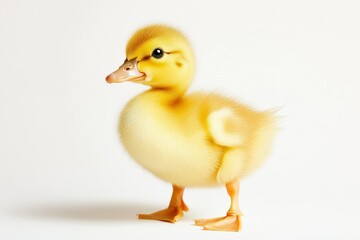 Fluffy yellow duckling poses, studio shot, white background, springtime