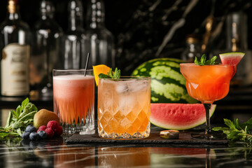 Bartender preparing fresh fruit cocktails with watermelon, orange and berries