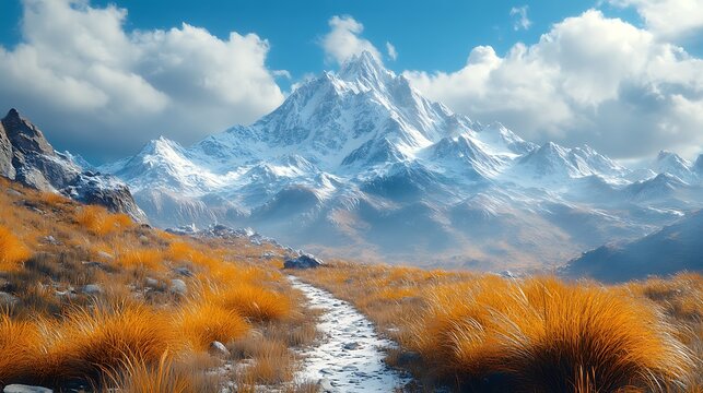 Beautiful mountain landscape with winding trail and snowy summits image