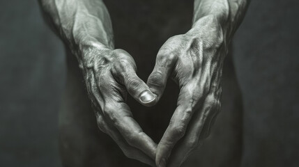 Obraz premium An artistic close-up of a male ballet dancer's hands gracefully intertwined, illuminated by a single soft light source. The subtle veins and calloused texture of his hands tell a story of dedication