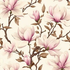 Seamless pattern of pink magnolia blossoms and branches on a beige background.