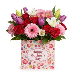 A Surprise for Mom A Colorful Flower Delivery Box with a Mother's Day Tag