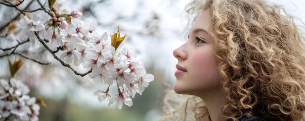 Fototapeta premium A young girl with curly hair admires cherry blossoms