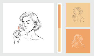 Elegant woman lighting a cigarette with a match
