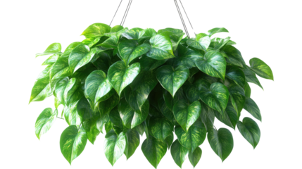Lush Hanging Pothos Plant: A vibrant Pothos plant cascades gracefully from a hanging basket, its heart-shaped leaves a rich tapestry of green and cream.