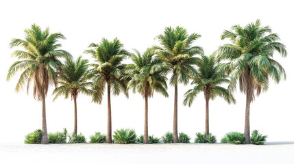 Tropical Paradise Palms: A symmetrical row of lush palm trees, with their vibrant green fronds and textured trunks, stands proudly under a clear sky, embodying tropical beauty.