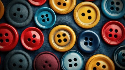 Vibrant, colorful buttons arrayed on textured blue fabric surface, close-up view