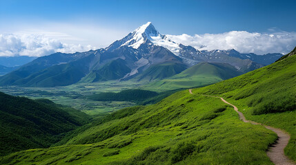 Panoramic View of Majestic Snow-Capped Ushba Mountain in Svaneti Georgia Lush Green Valley Hiking Trail Under Bright Blue Sky and White Clouds