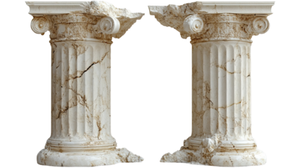 Ancient Pillars of Time: Two weathered Greek-style columns stand in a testament to timeless architectural beauty, bearing the marks of ages past, presenting a sense of history.