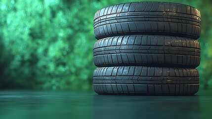 Stack of tires against a green background