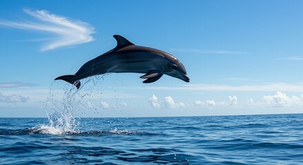 Dolphin leaping gracefully over the still waters, conveying a sense of joy and freedom, set against a bright blue sky dotted with wispy clouds
