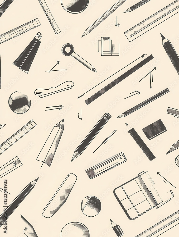 Poster seamless pattern background showcasing clean icons of design tools such as pencils, rulers, and colo