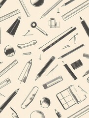 Seamless pattern background showcasing clean icons of design tools such as pencils, rulers, and color palettes in a soft monochrome palette