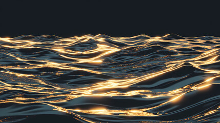 Abstract golden water waves in motion illuminated by sunlight with shimmering reflections on a dark background creating a mesmerizing oceanic effect. Oceanic Glimmer. Illustration