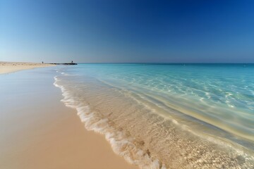 Obraz premium Coastal Bliss: An expansive stretch of pristine sandy beach gently meets the clear turquoise water under a radiant, cloudless sky, invoking feelings of serenity.