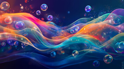 Abstract marine life with bubbles and colorful waves. Oceanic Glimmer. Illustration