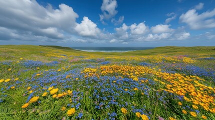 Fototapeta premium Coastal meadow bursting with wildflowers