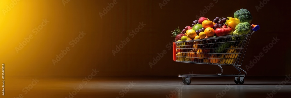 Poster vibrant grocery cart filled with fresh fruits and vegetables against a soft backdrop in a modern set