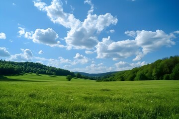 Obraz premium Vivid landscape of green field under blue sky: capturing a sprawling green field bathed in sunlight, with fluffy clouds dotting the clear blue sky