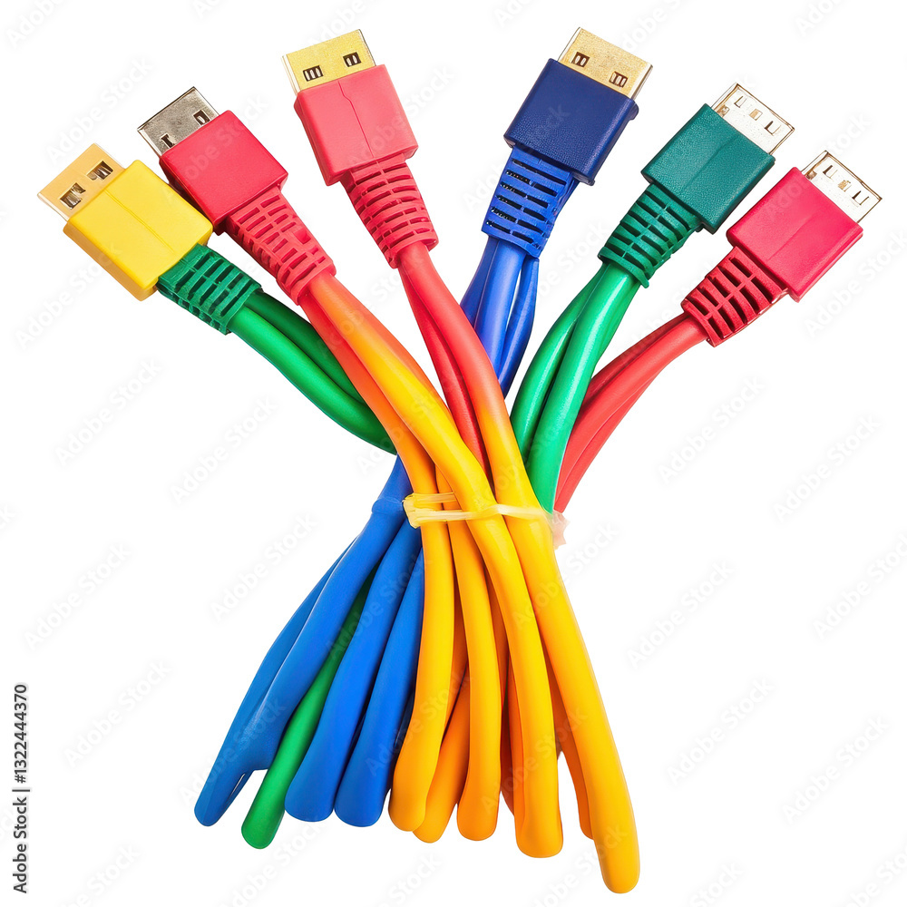 Poster multicolored computer cables arranged in a circle on a transparent background for visual tech repres