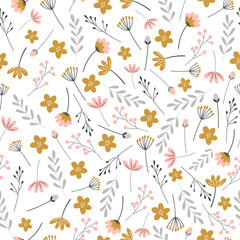 Minimalist floral seamless pattern with flowers, twigs and leaves on white background. Botanical backdrop. Spring illustration in pastel colours