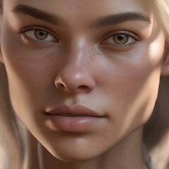 Naklejka premium A highly detailed, hyper-realistic close-up portrait of an AI-generated human face. This digital artwork features lifelike skin textures, expressive eyes, and natural lighting.