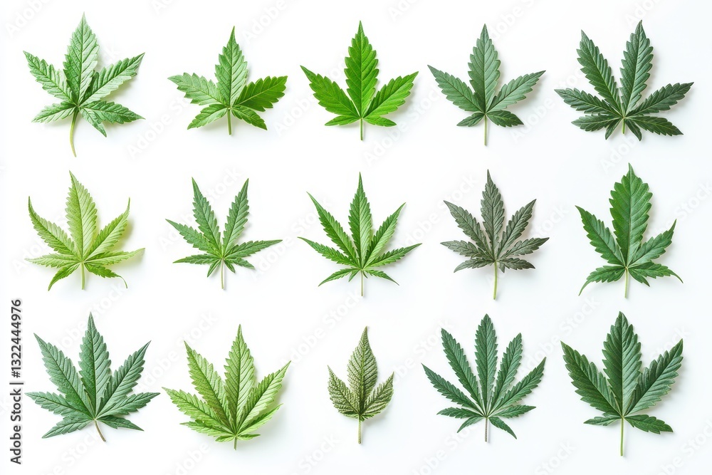 Aufkleber various types of green leaves arranged artistically on a white background showcasing diverse shapes 