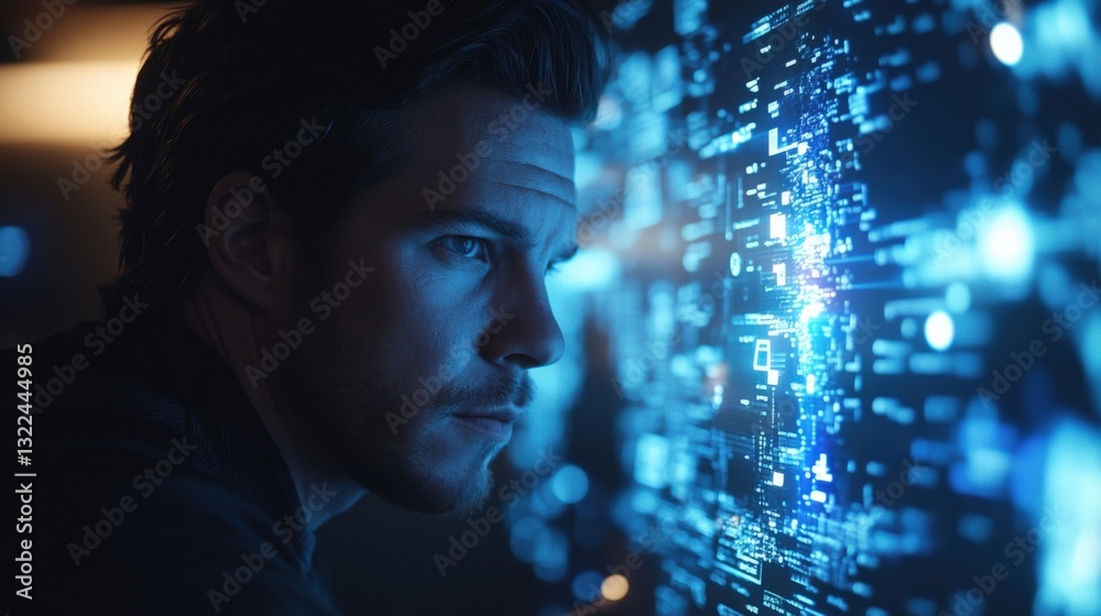 Poster software developer working late at night, analyzing code on a futuristic transparent screen in a dim