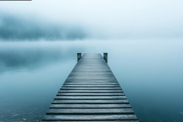 Obraz premium Serene Foggy Pier on Calm Water at Dawn with Soft Light